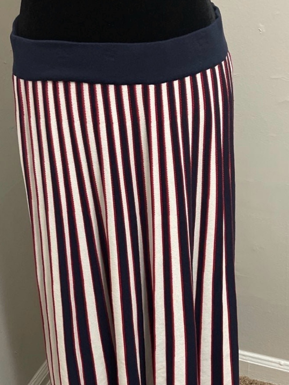 Asymmetrical Navy, White & Red Striped Maxi Skirt